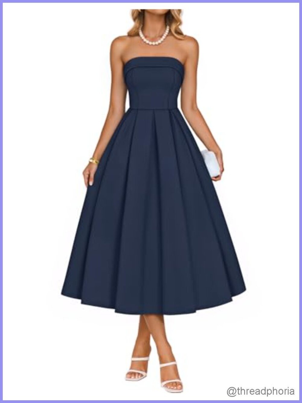 Women's Strapless Midi Cocktail Party Dress A-Line Pleated Sleeveless Formal